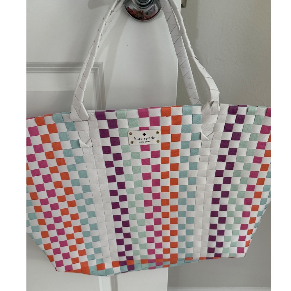 Kate Spade New York Woven Multicolor Checkered Tote Bag with Dust Bag